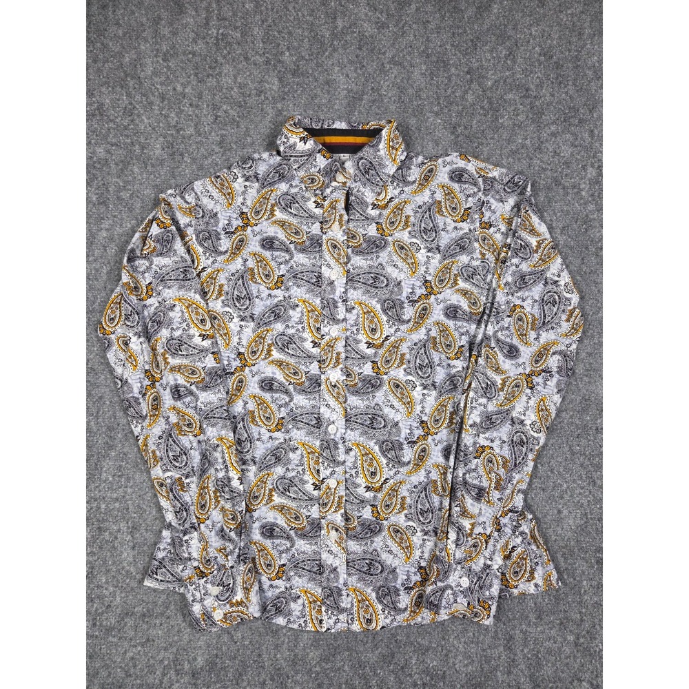 Royal Highness Equestrian Printed Paisley Shirt Womens Large Grey Yellow Cotton